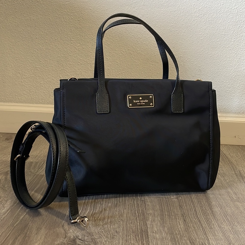 kate spade Black Nylon Crossbody Tote with Gold Plaque